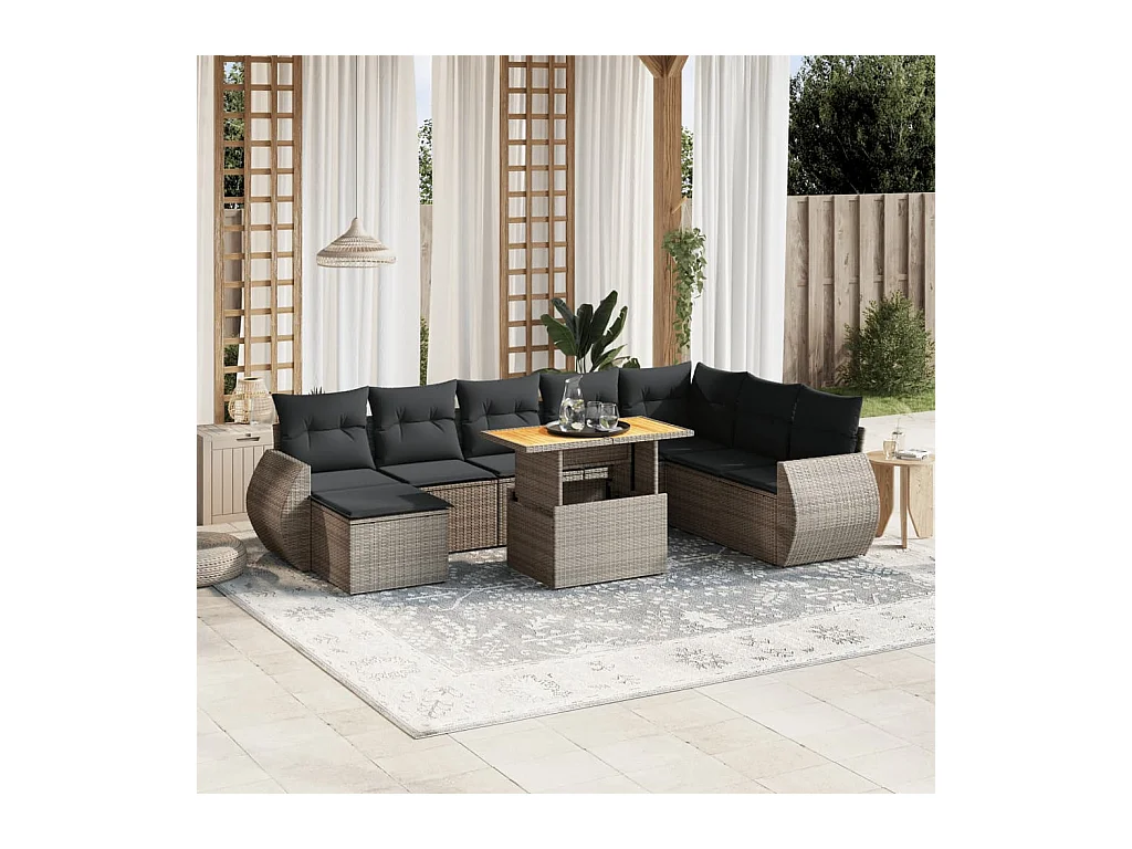 Set Divano da Giardino 9 pz con Cuscini Grigio in Polyrattan
