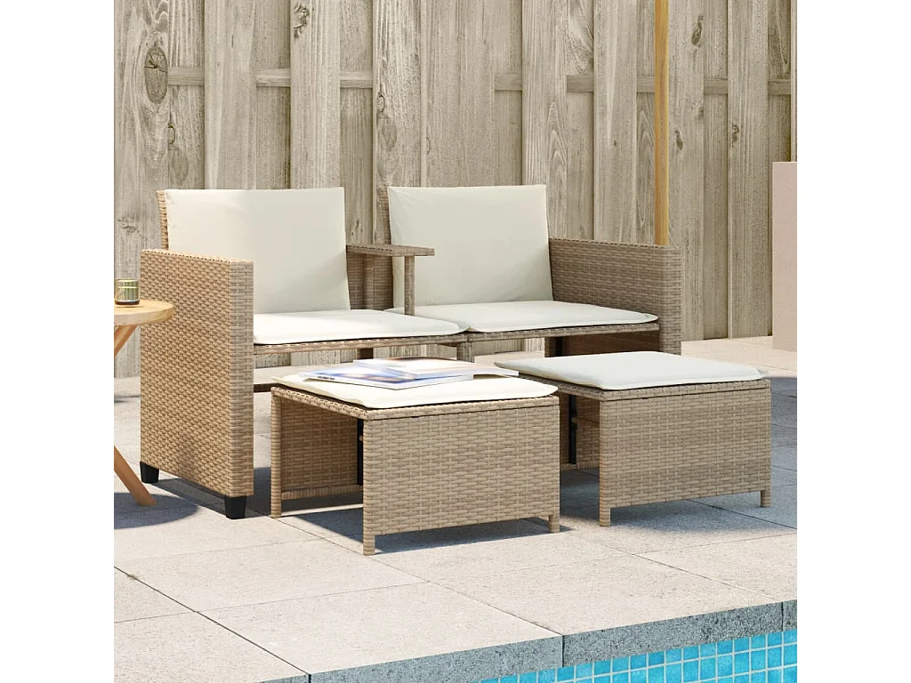 Canapé de jardin 2 places avec table et tabourets beige rotin