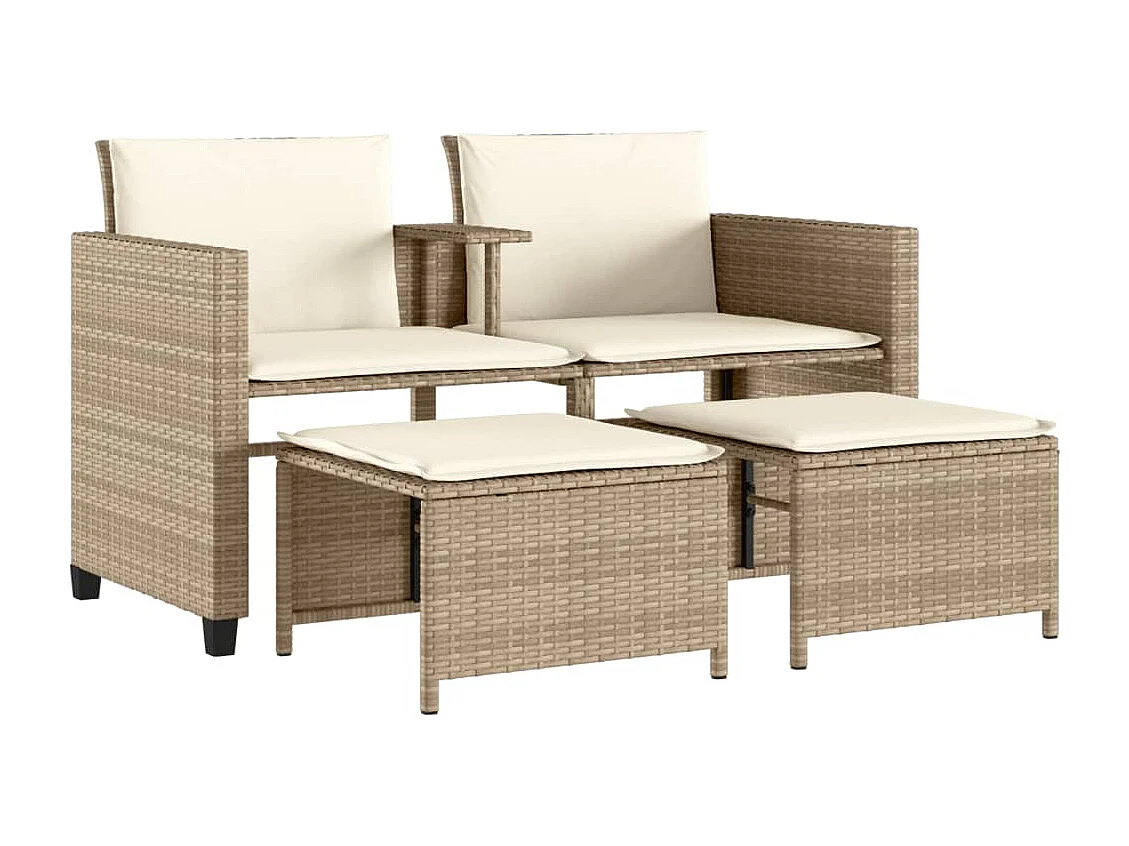 Canapé de jardin 2 places avec table et tabourets beige rotin