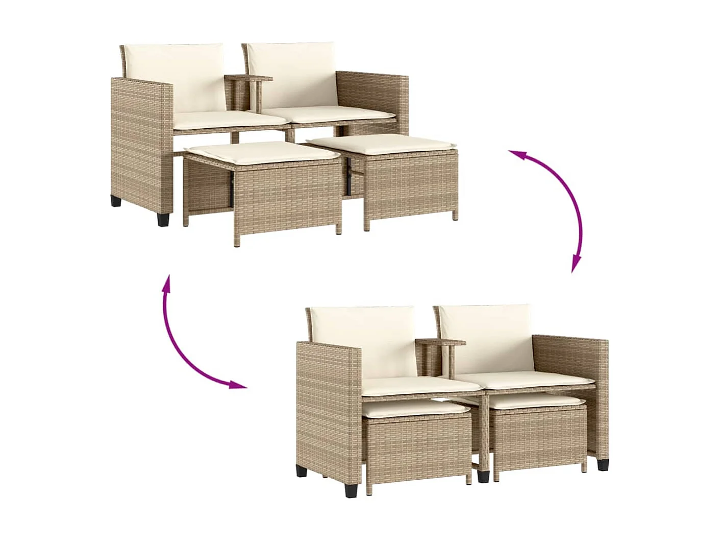 Canapé de jardin 2 places avec table et tabourets beige rotin