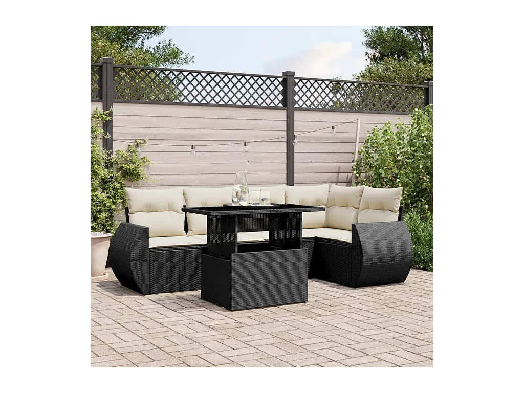 Salon de jardin 6 pcs avec coussins noir résine tressée