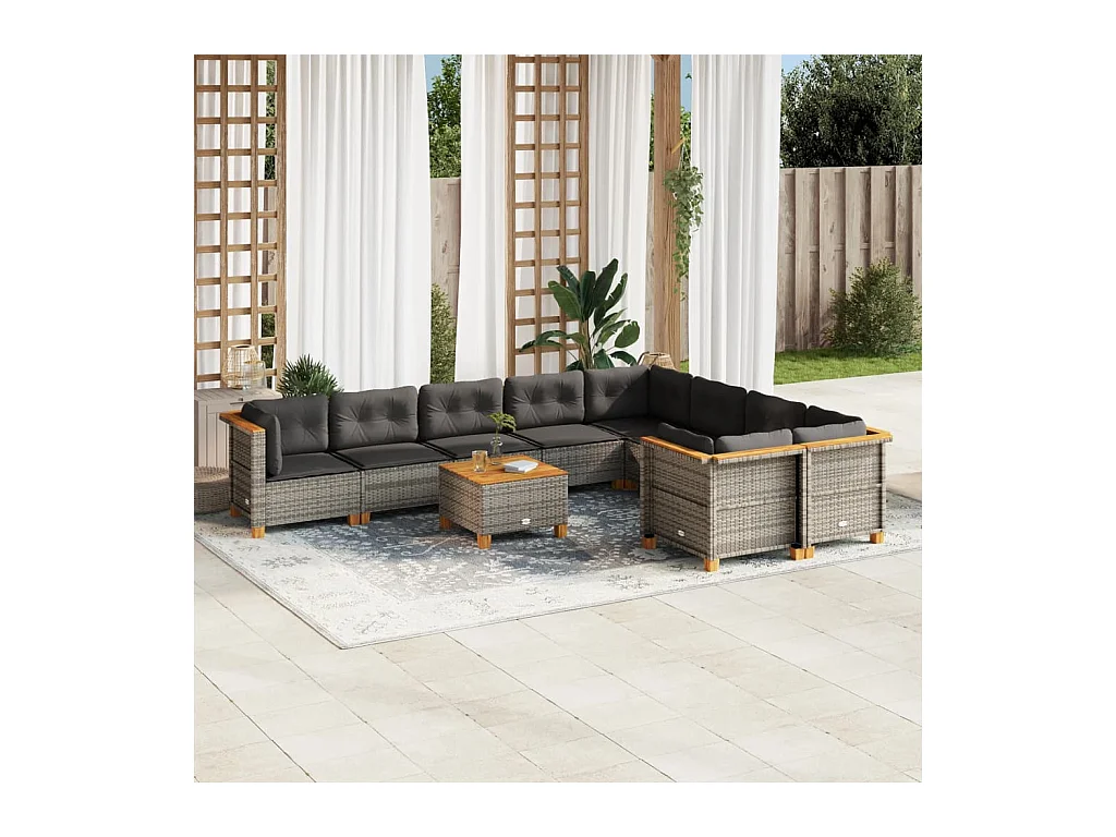Set Divano da Giardino 10 pz con Cuscini Grigio in Polyrattan