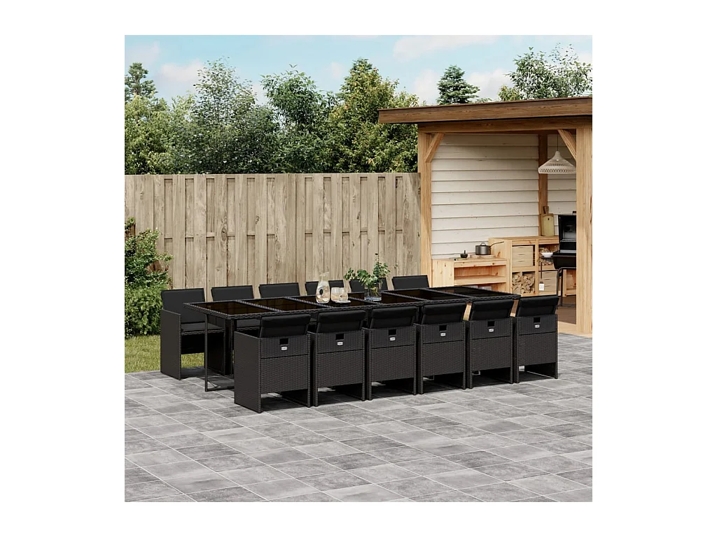 Ensemble à manger de jardin 13 pcs coussins noir résine tressée