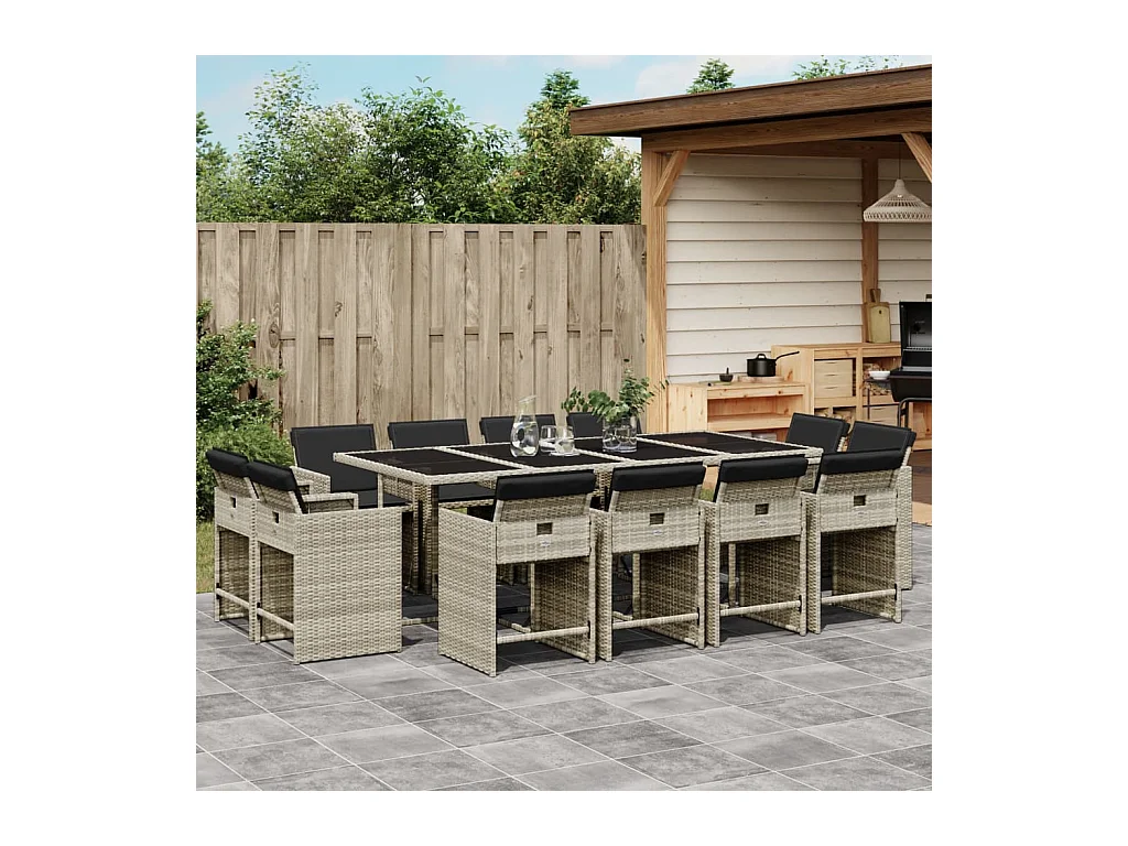 Set da Pranzo da Giardino 13pz con Cuscini Grigio in Polyrattan