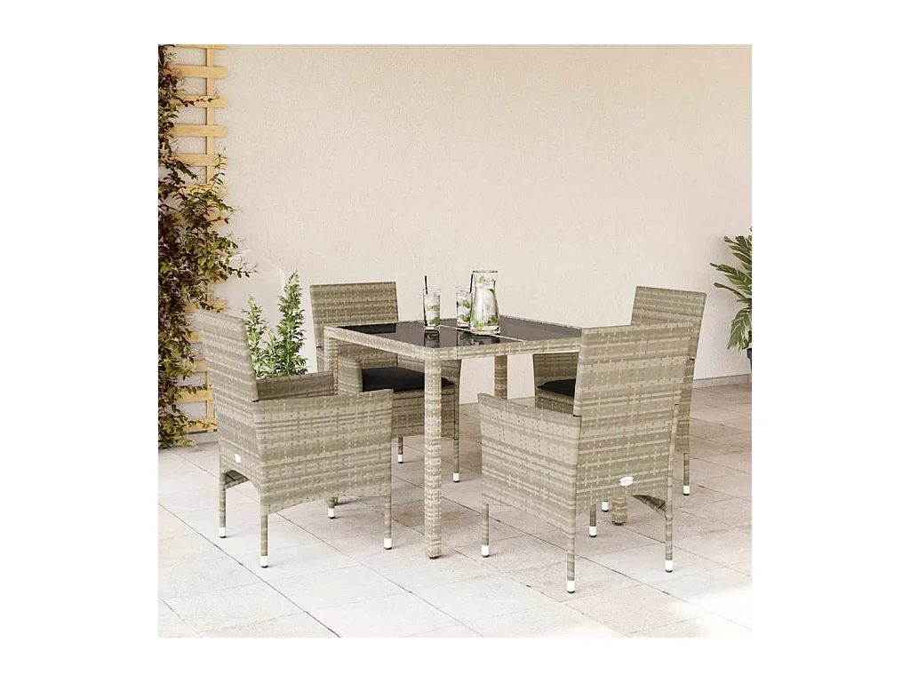 Ensemble à manger de jardin avec coussins 5 pcs rotin et verre