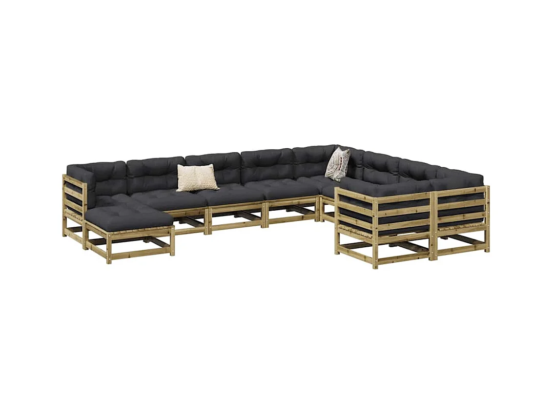 Salon de jardin avec coussins 10 pcs bois de pin imprégné