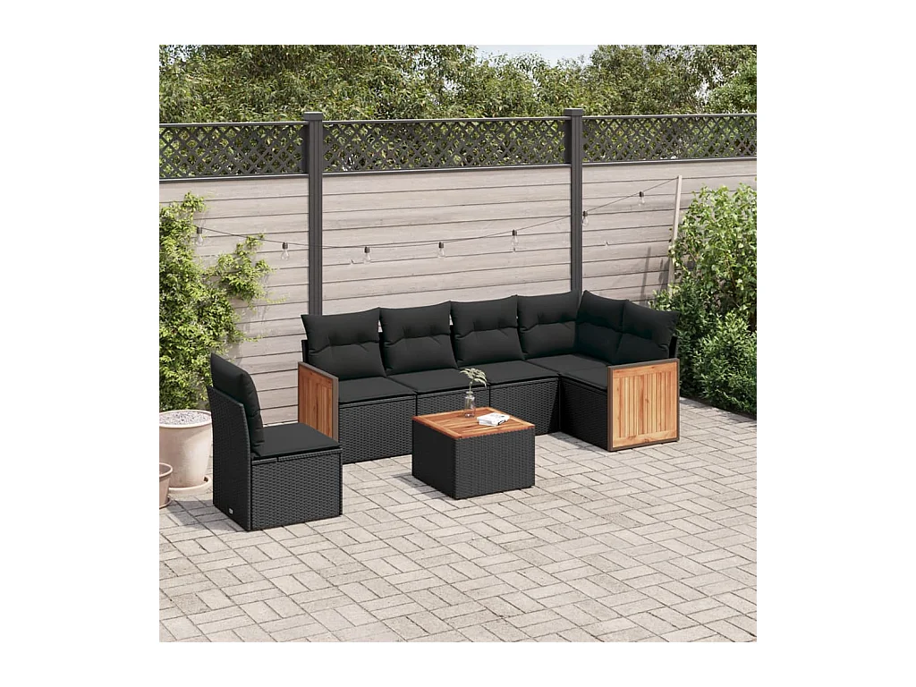 7-tlg. Garten-Sofagarnitur mit Kissen Schwarz Poly Rattan