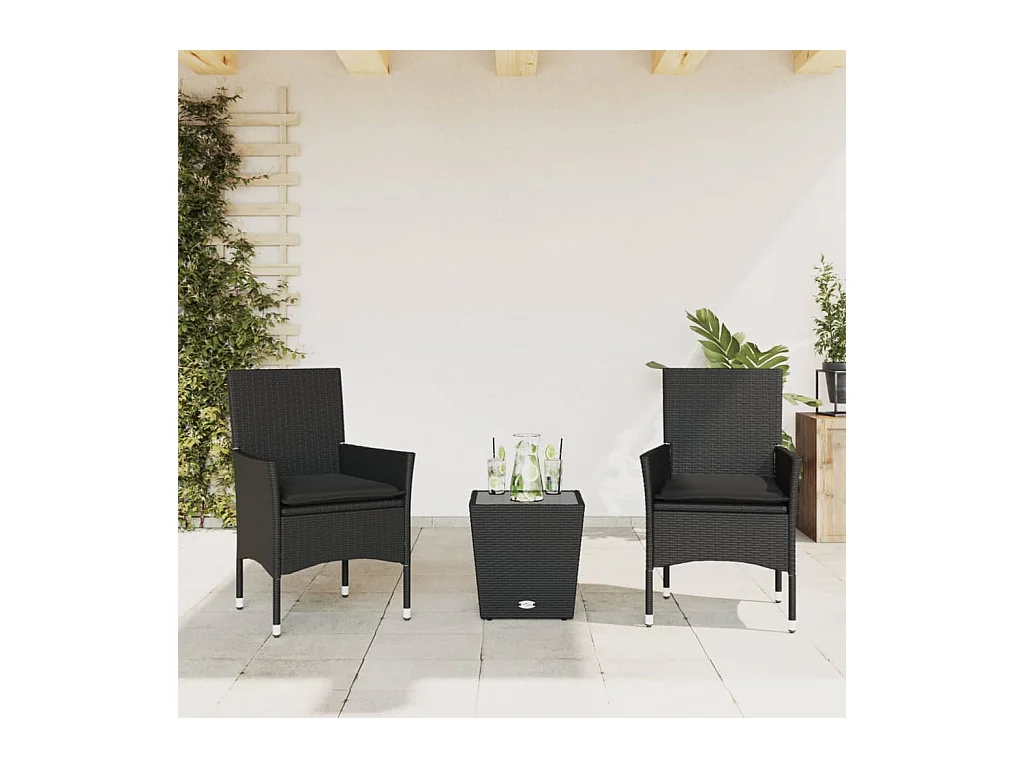 3-tlg. Bistro-Set mit Kissen Schwarz Poly Rattan und Glas