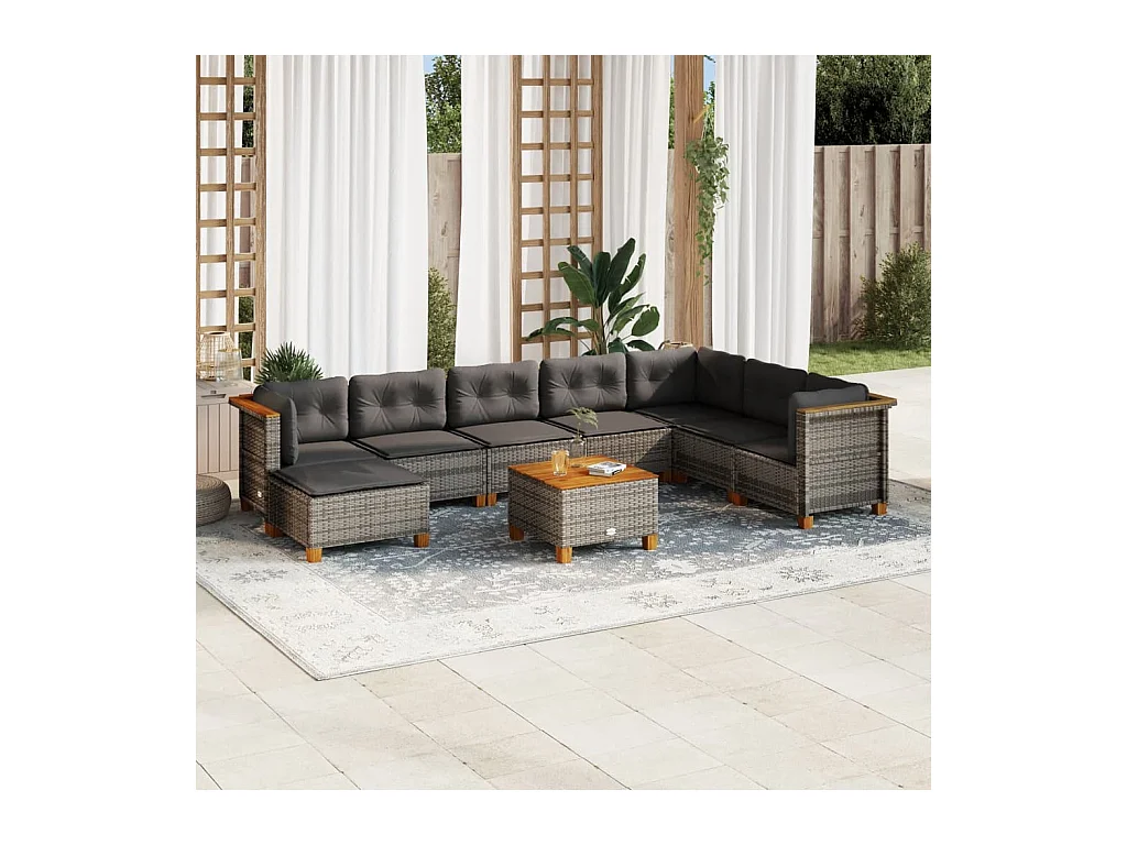 Salon de jardin 9 pcs avec coussins gris résine tressée