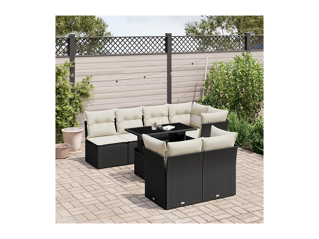 Salon de jardin 8 pcs avec coussins noir résine tressée