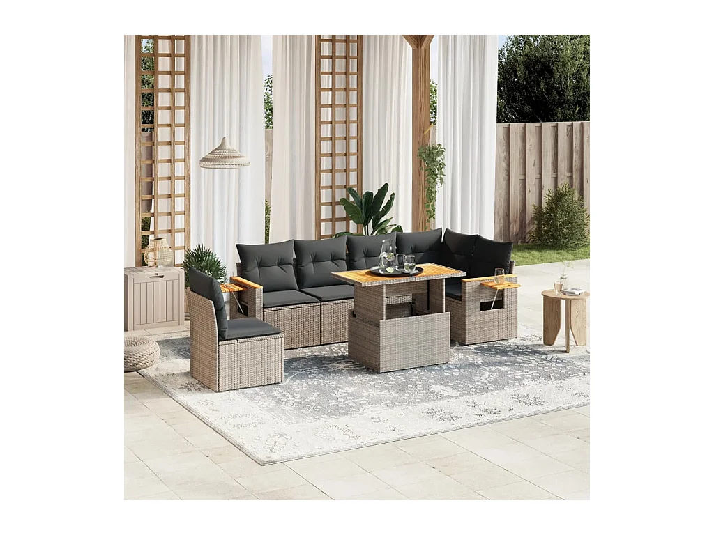 Salon de jardin avec coussins 7 pcs gris résine tressée
