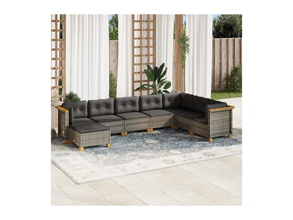 Salon de jardin 8 pcs avec coussins gris résine tressée