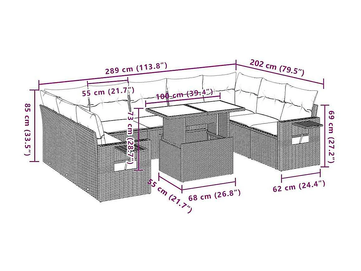 Salon de jardin 10 pcs avec coussins noir résine tressée