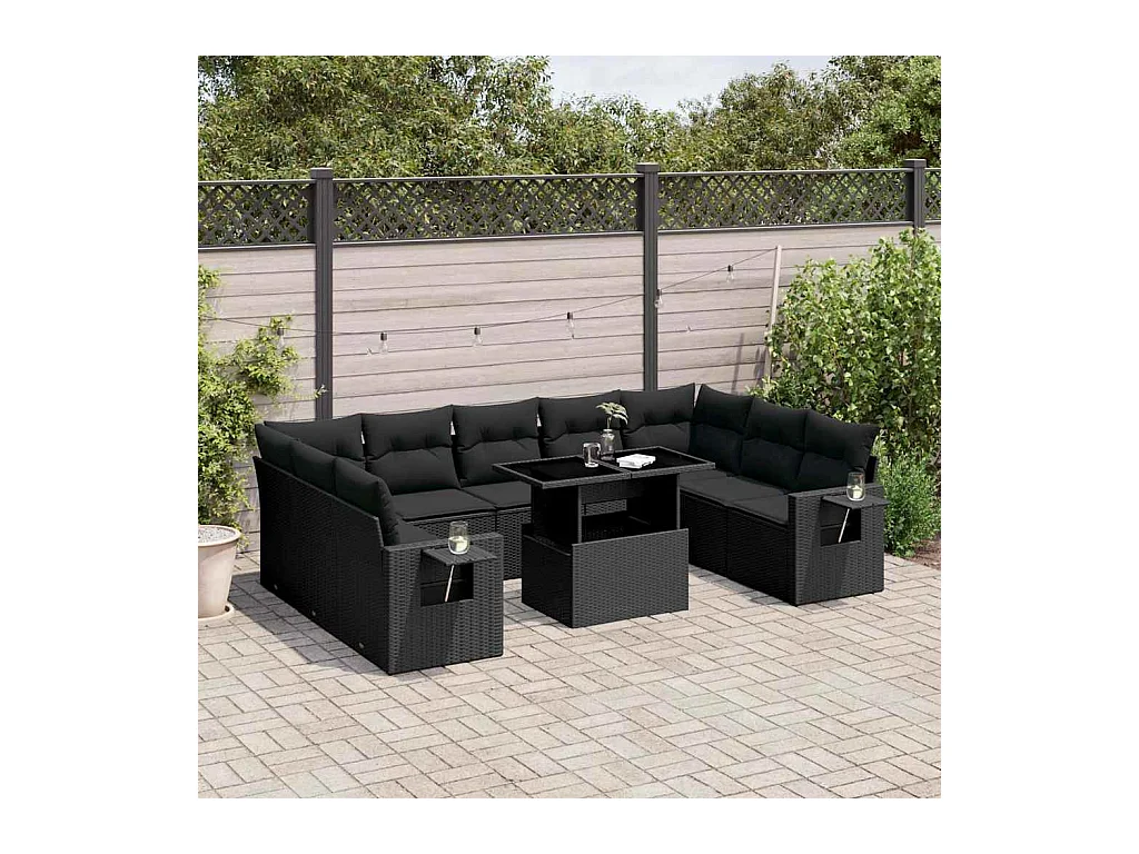 Salon de jardin 10 pcs avec coussins noir résine tressée