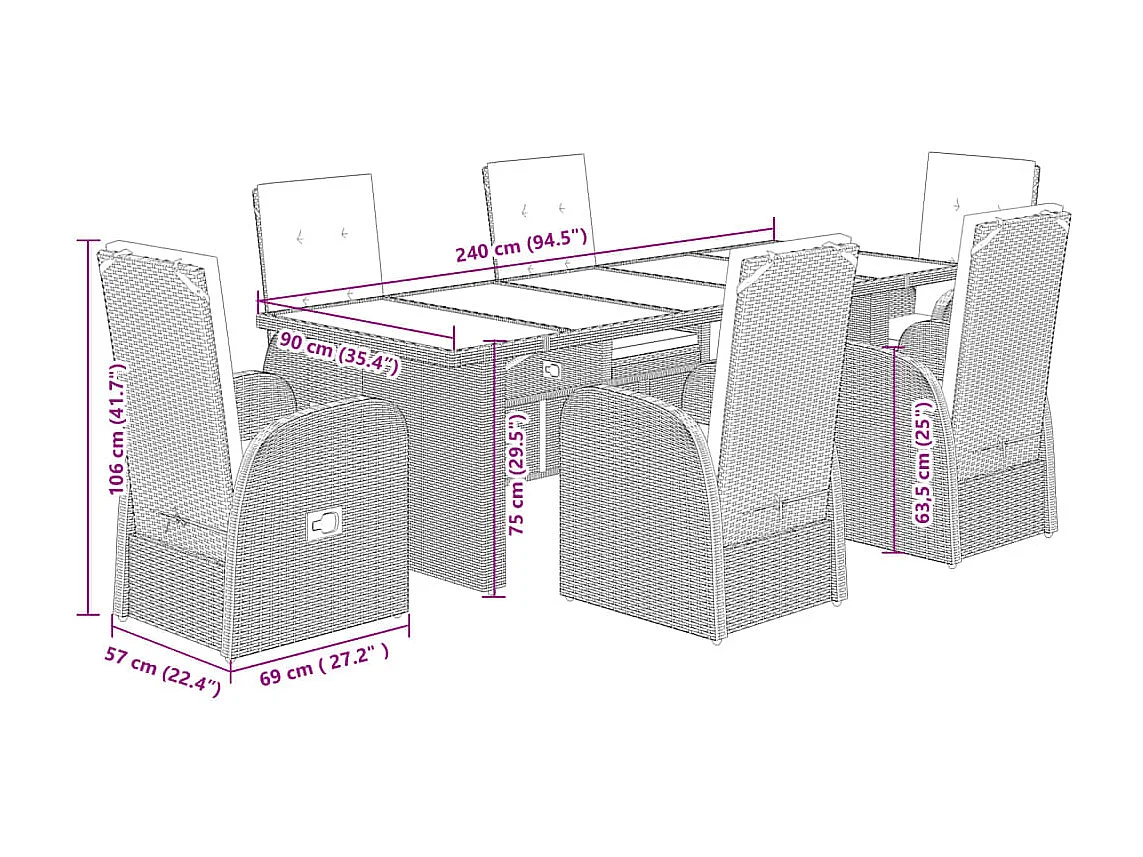 Ensemble à manger de jardin et coussins 7 pcs gris rotin