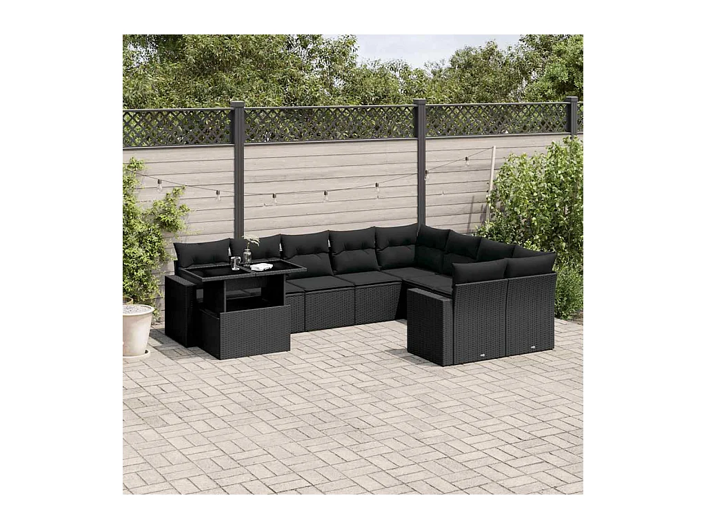 Salon de jardin 10 pcs avec coussins noir résine tressée