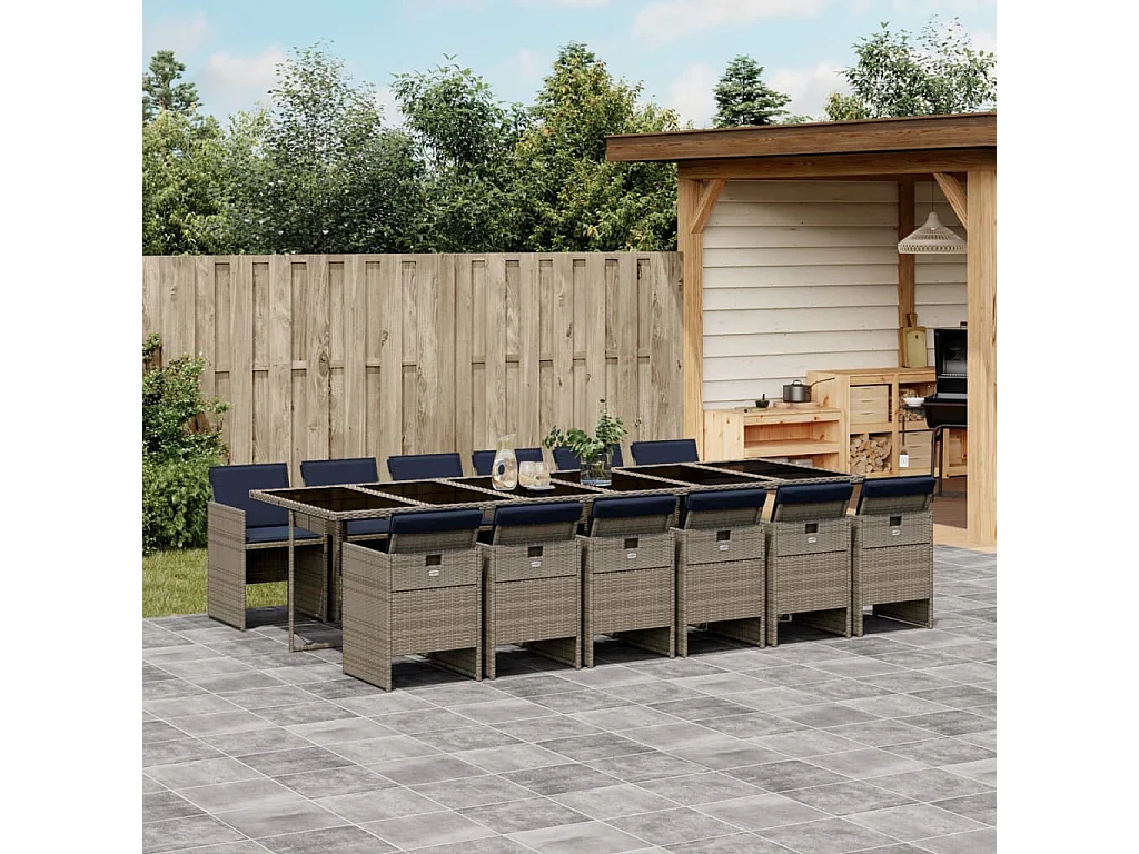 13 pcs conjunto jantar p/ jardim c/ almofadões vime PE cinzento