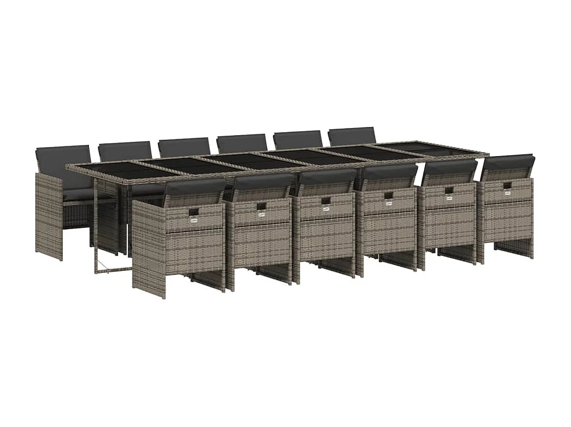 13 pcs conjunto jantar p/ jardim c/ almofadões vime PE cinzento