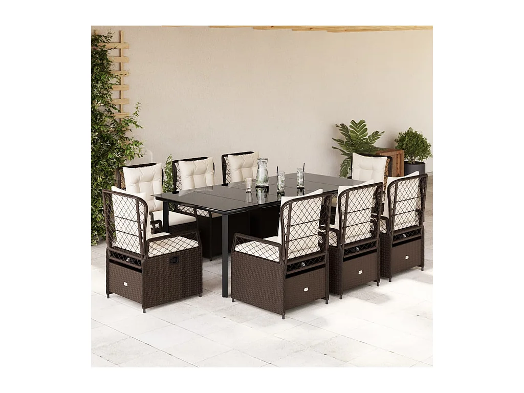 Ensemble à manger de jardin et coussins 9 pcs marron poly rotin