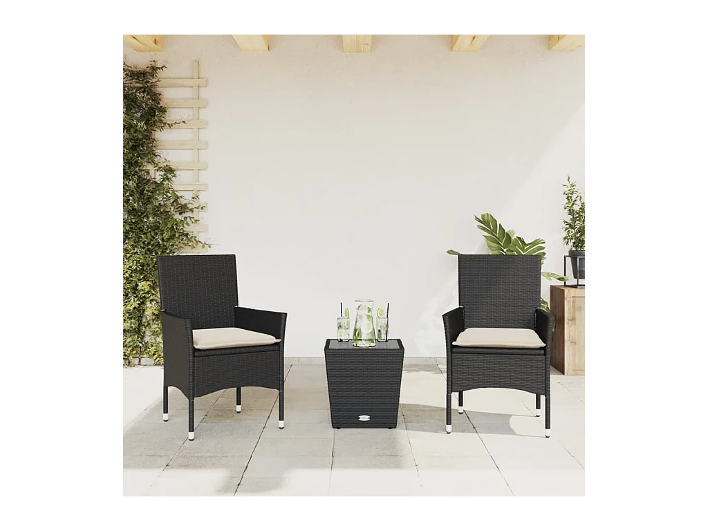 3-tlg. Bistro-Set mit Kissen Schwarz Poly Rattan und Glas