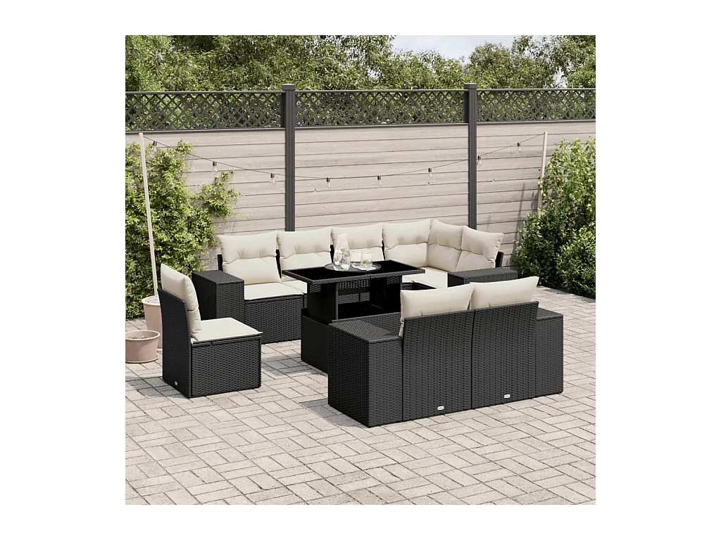 Salon de jardin 9 pcs avec coussins noir résine tressée