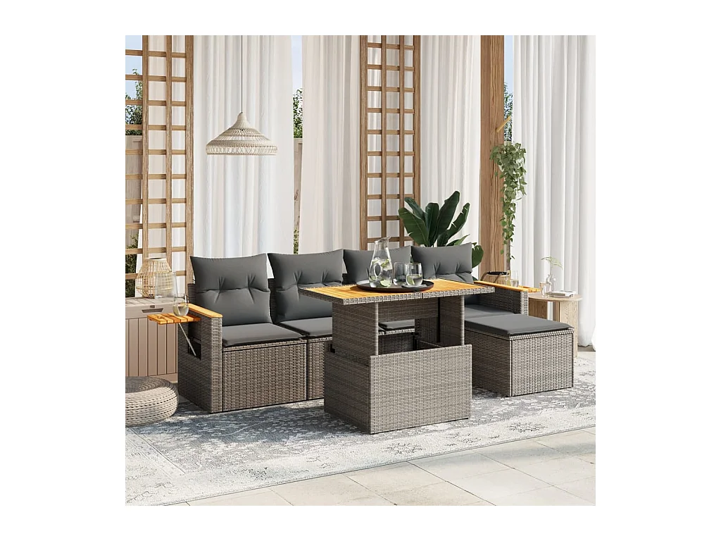 Salon de jardin 6 pcs avec coussins gris résine tressée