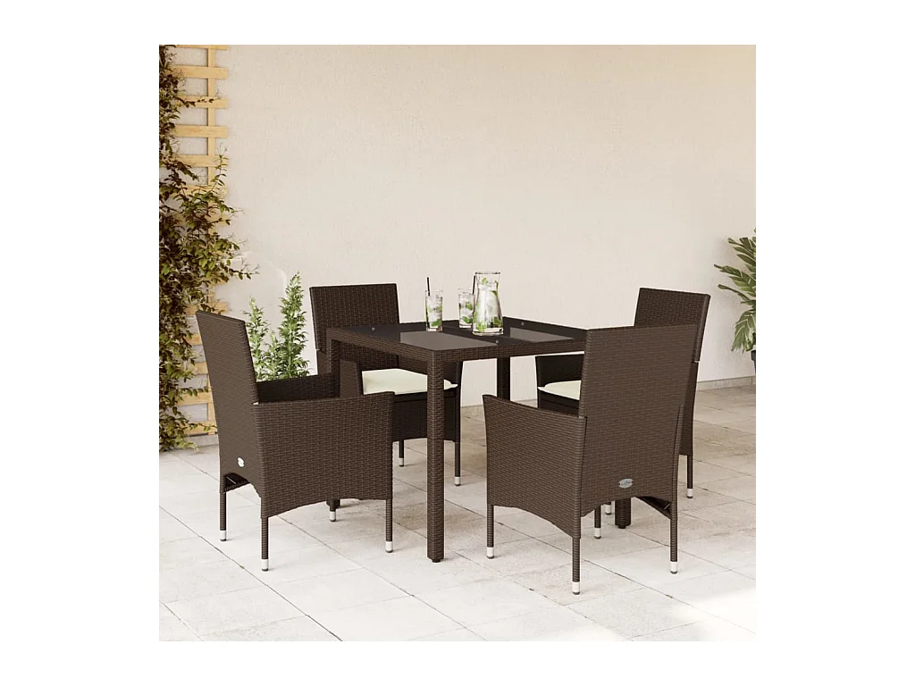 5-delige Tuinset met kussens poly rattan en glas bruin