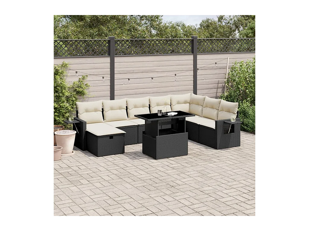 Salon de jardin 9 pcs avec coussins noir résine tressée