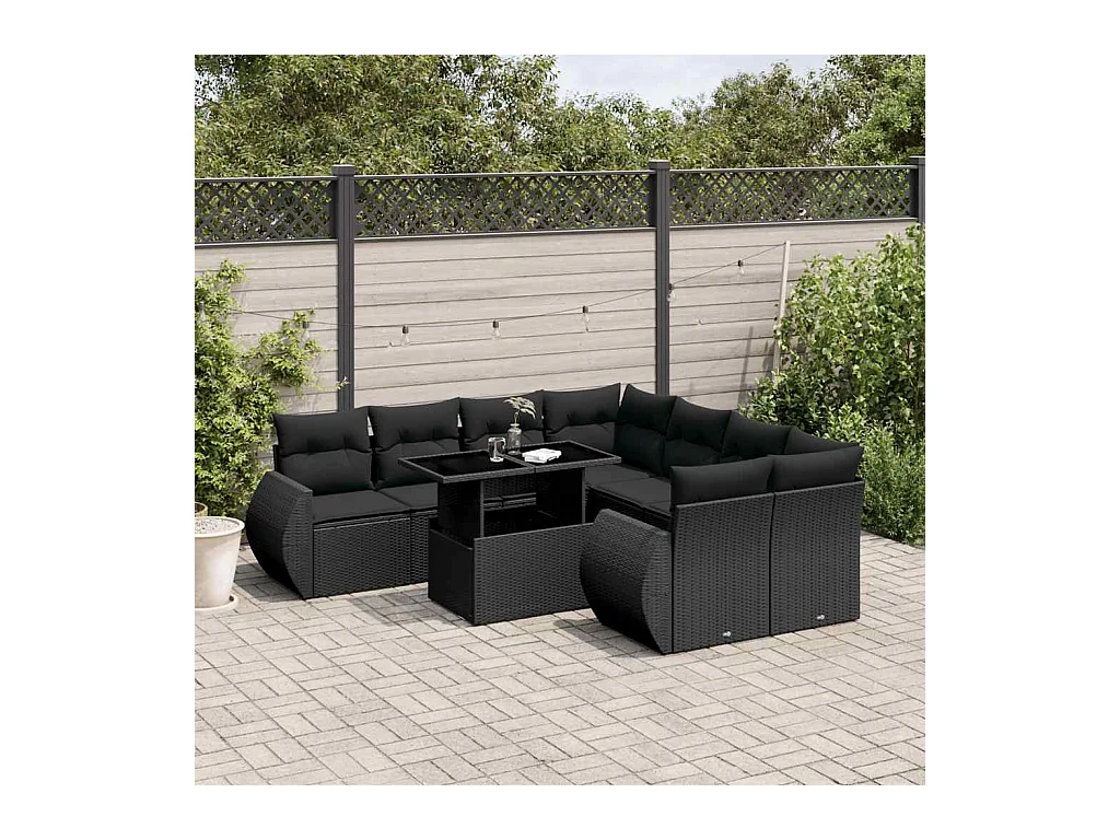9-delige Loungeset met kussens poly rattan zwart