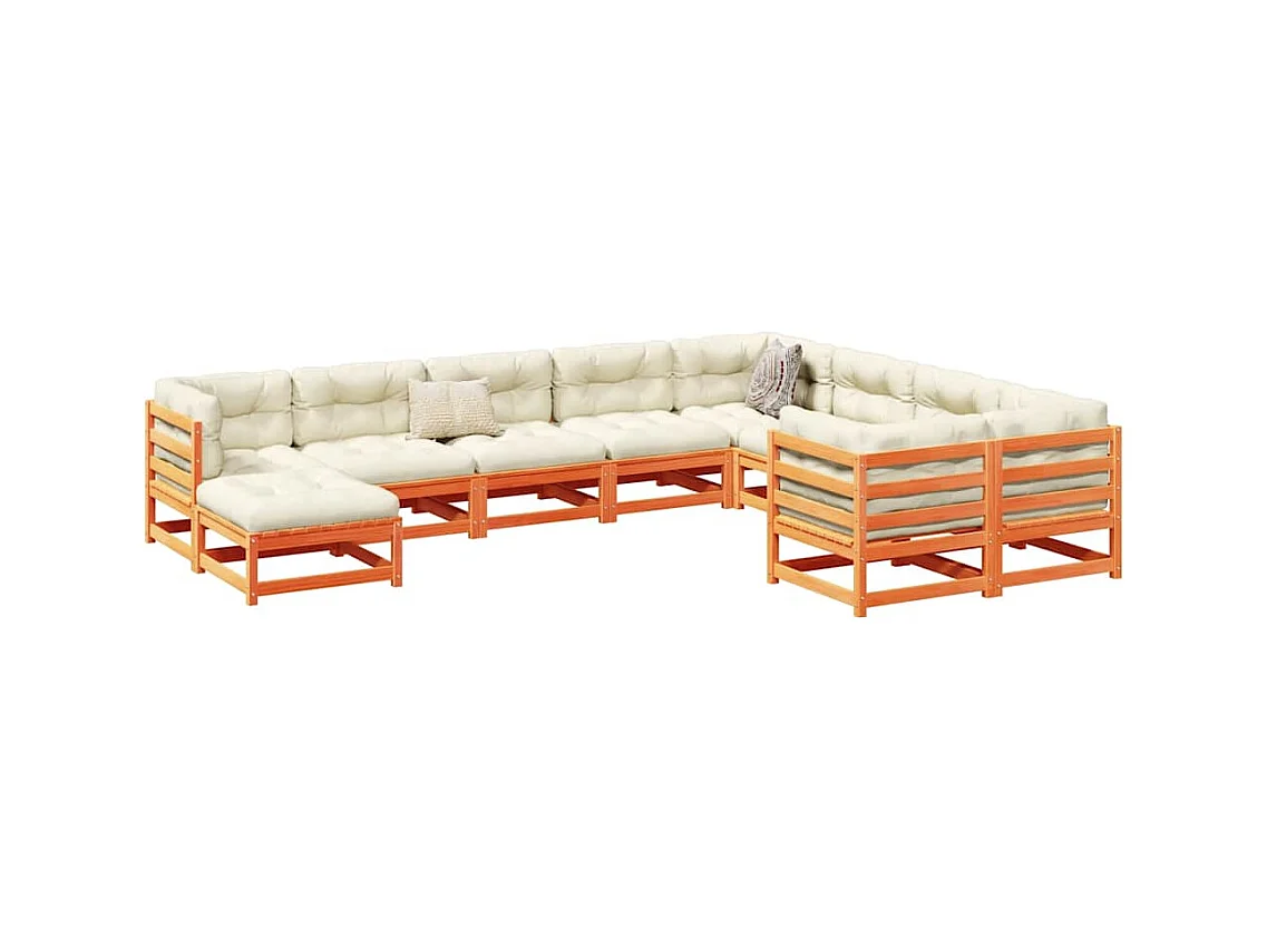 Salon de jardin 10pcs avec coussins cire marron bois pin massif