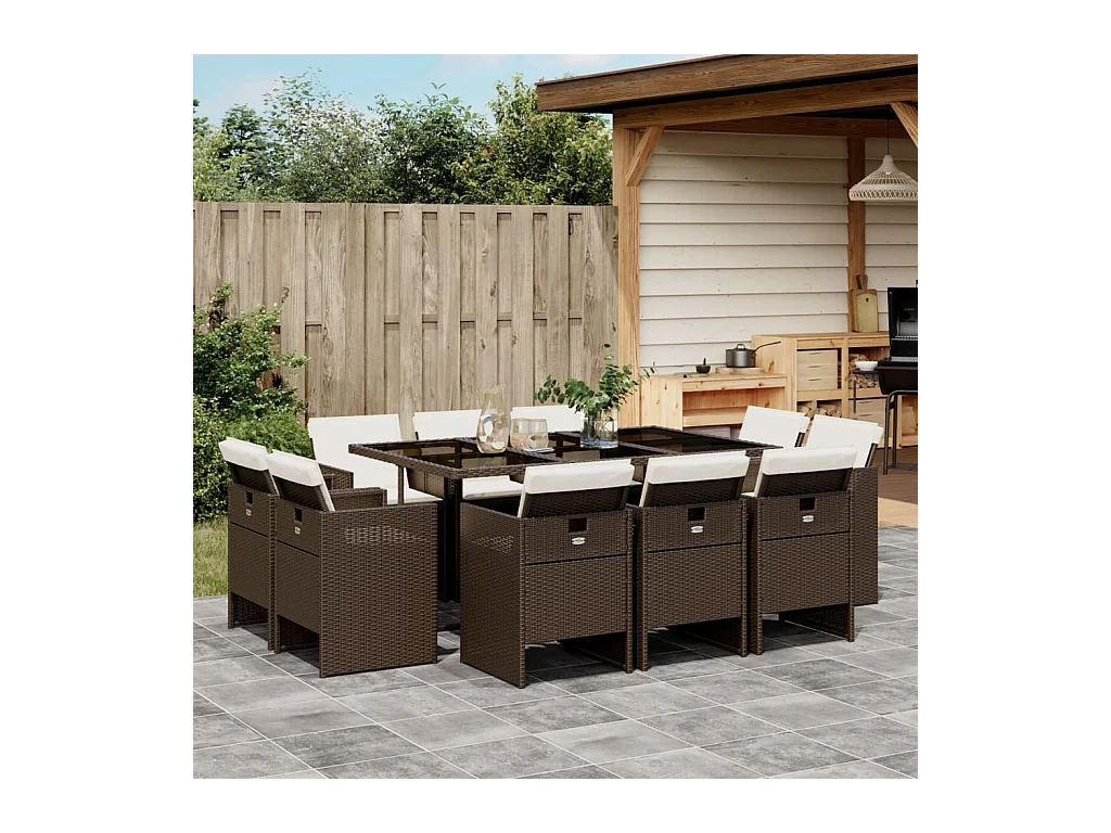 Set da Pranzo da Giardino 11 pz con Cuscini Polyrattan Marrone