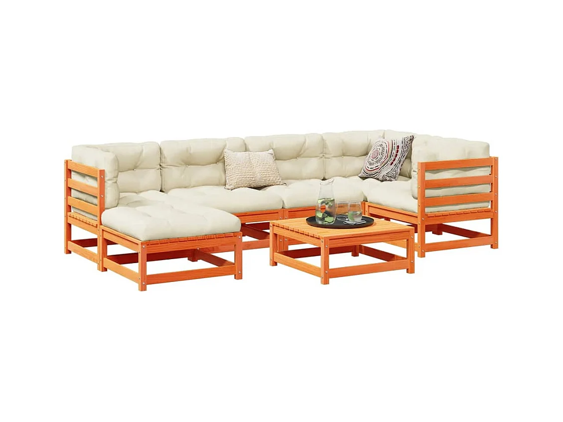 Salon de jardin 7 pcs avec coussins cire marron bois pin massif