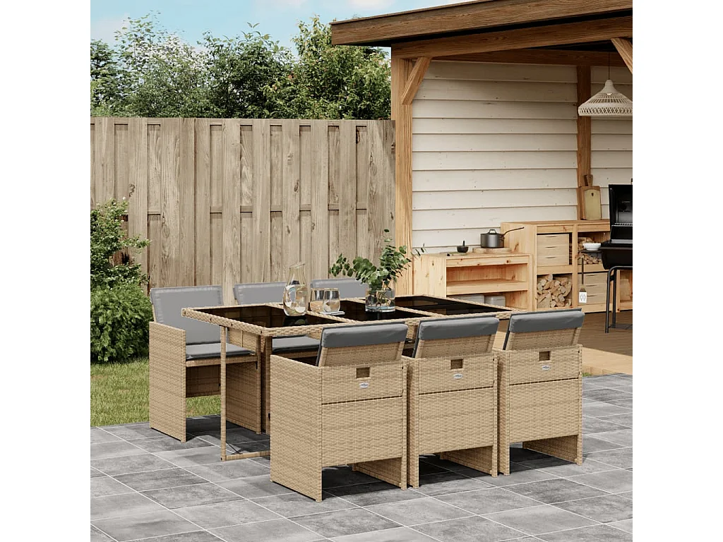 7-tlg. Garten-Essgruppe mit Kissen Beigemischung Poly Rattan