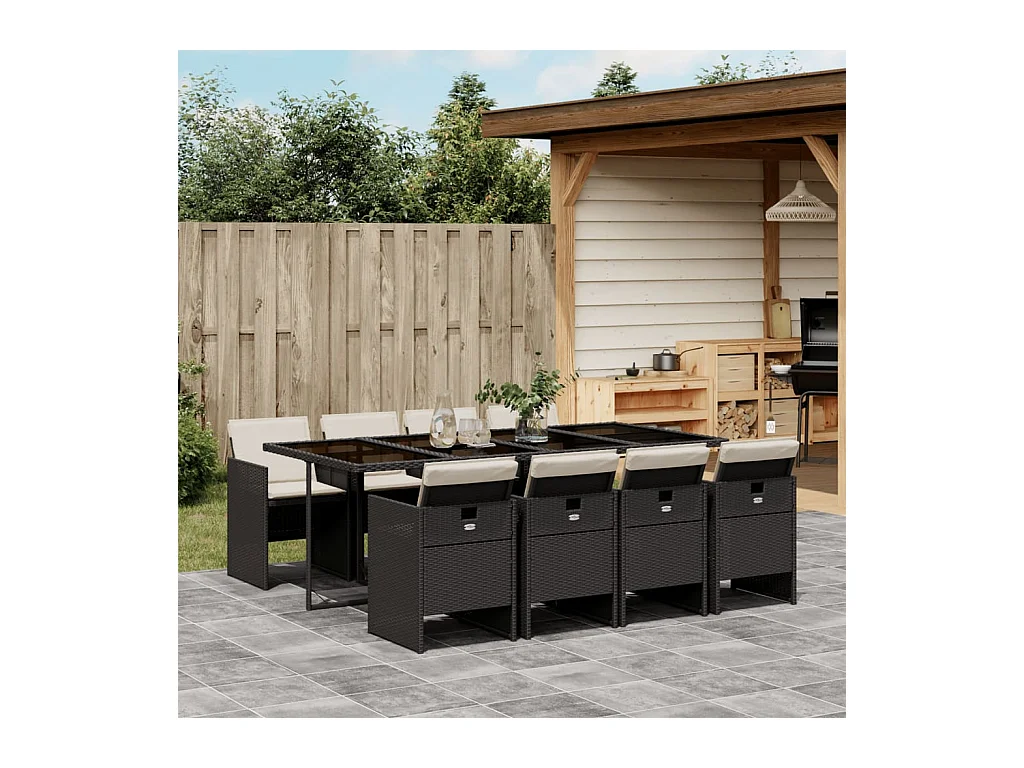 9-tlg. Garten-Essgruppe mit Kissen Schwarz Poly Rattan