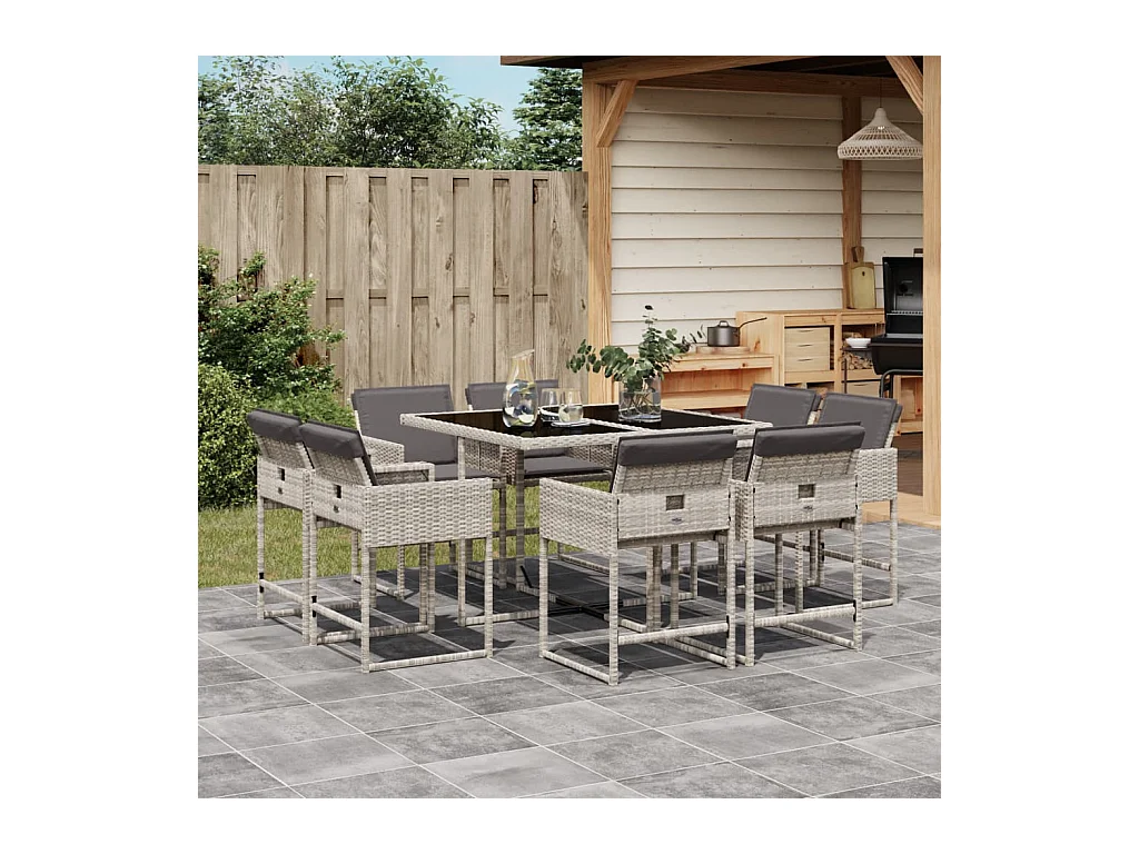 9-tlg. Garten-Essgruppe mit Kissen Hellgrau Poly Rattan