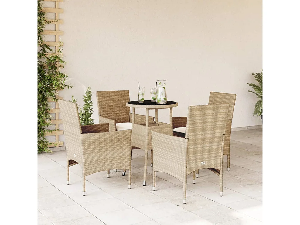 Ensemble à manger de jardin et coussins 5 pcs beige rotin verre