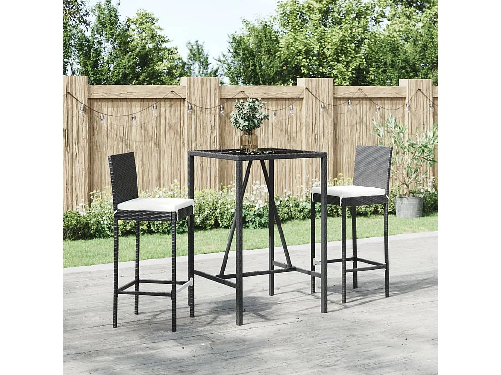 Ensemble de bar de jardin 3 pcs avec coussins noir poly rotin