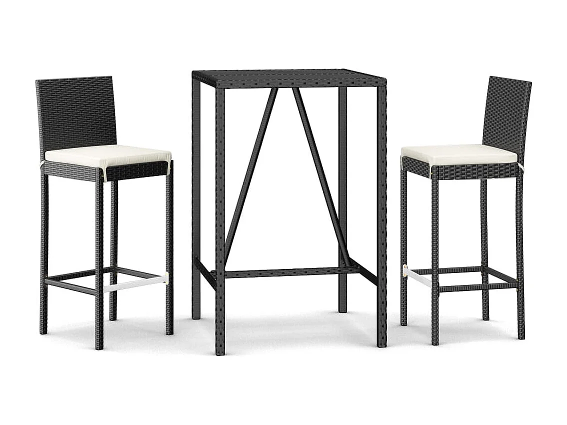 Ensemble de bar de jardin 3 pcs avec coussins noir poly rotin