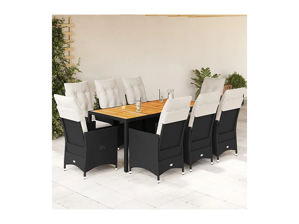 Ensemble à manger de jardin 9pcs coussins noir résine tressée
