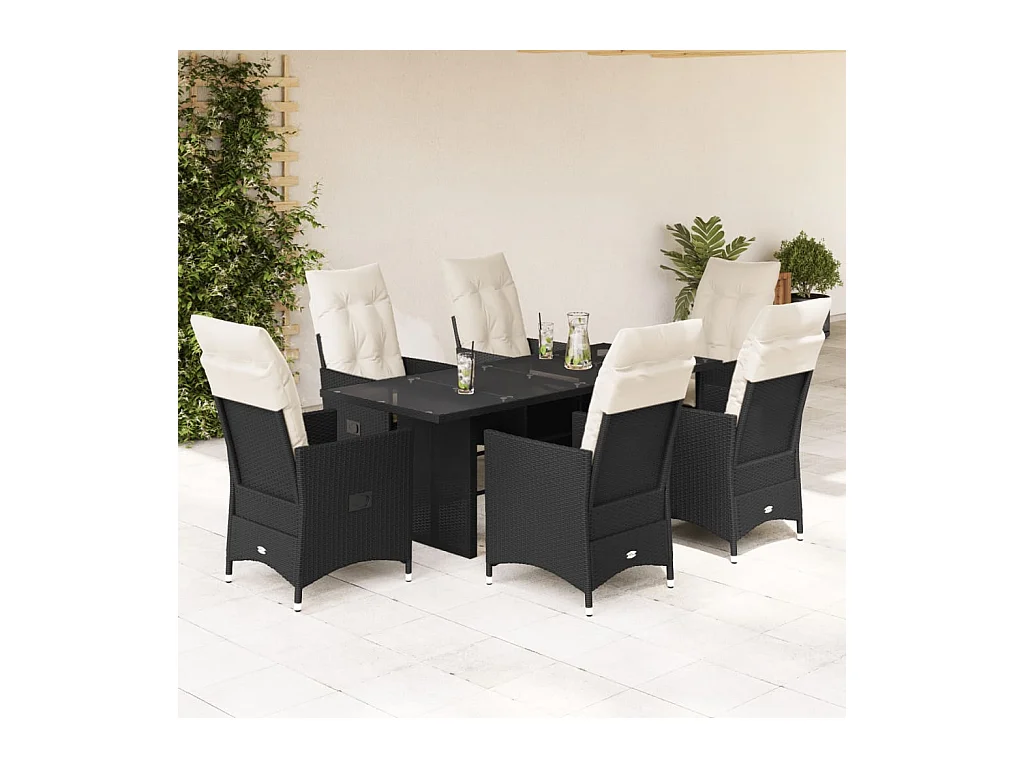 Set da Pranzo da Giardino 7 pz Nero con Cuscini in Polyrattan