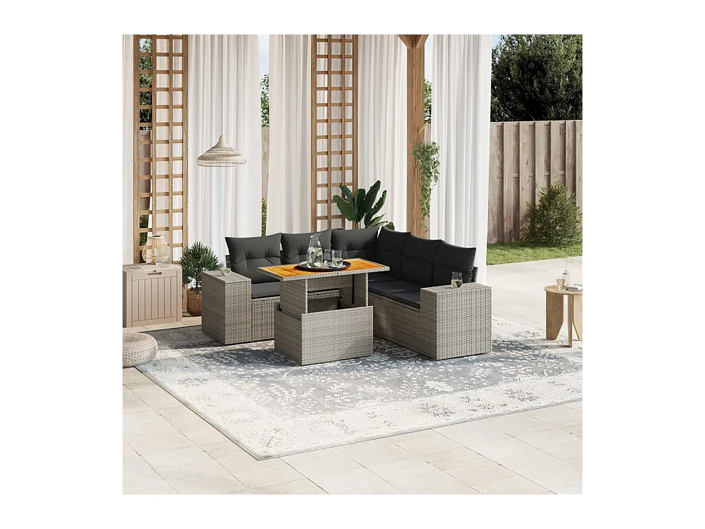 Salon de jardin 6 pcs avec coussins gris résine tressée