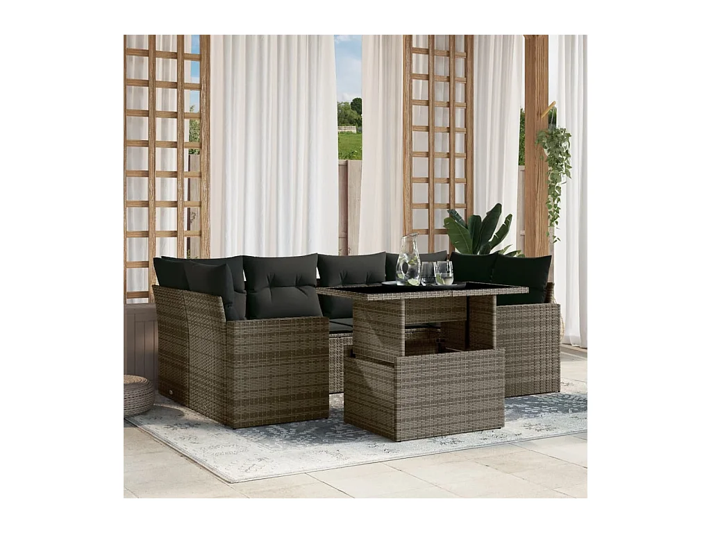 7-delige Loungeset met kussens poly rattan grijs