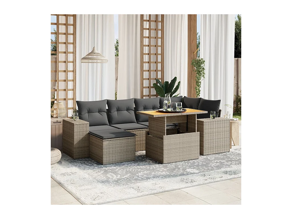 Salon de jardin avec coussins 7 pcs gris résine tressée