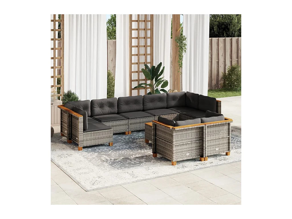 Set Divano da Giardino 10 pz con Cuscini Grigio in Polyrattan