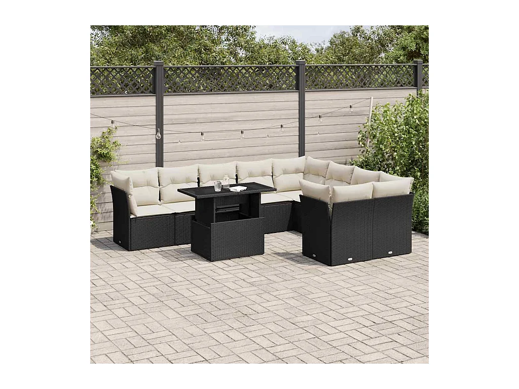 Salon de jardin 10 pcs avec coussins noir résine tressée
