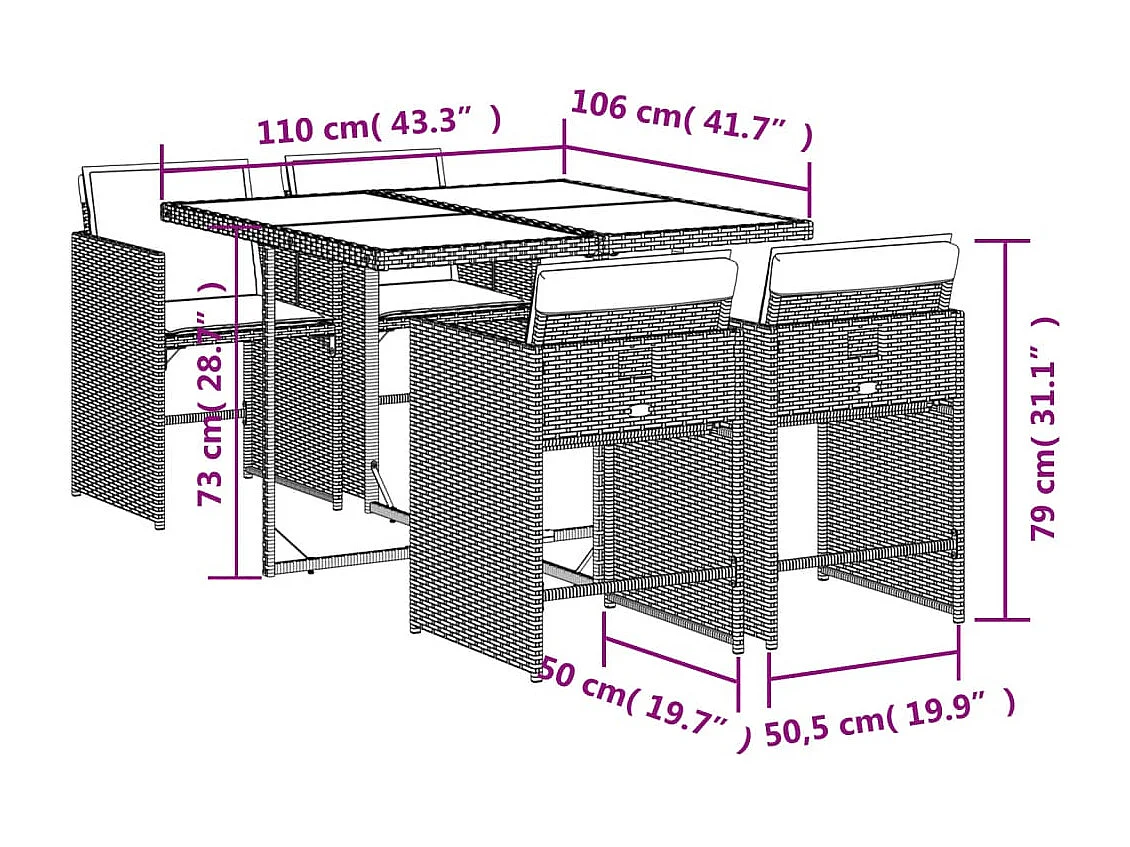 5-tlg. Garten-Essgruppe mit Kissen Braun Poly Rattan