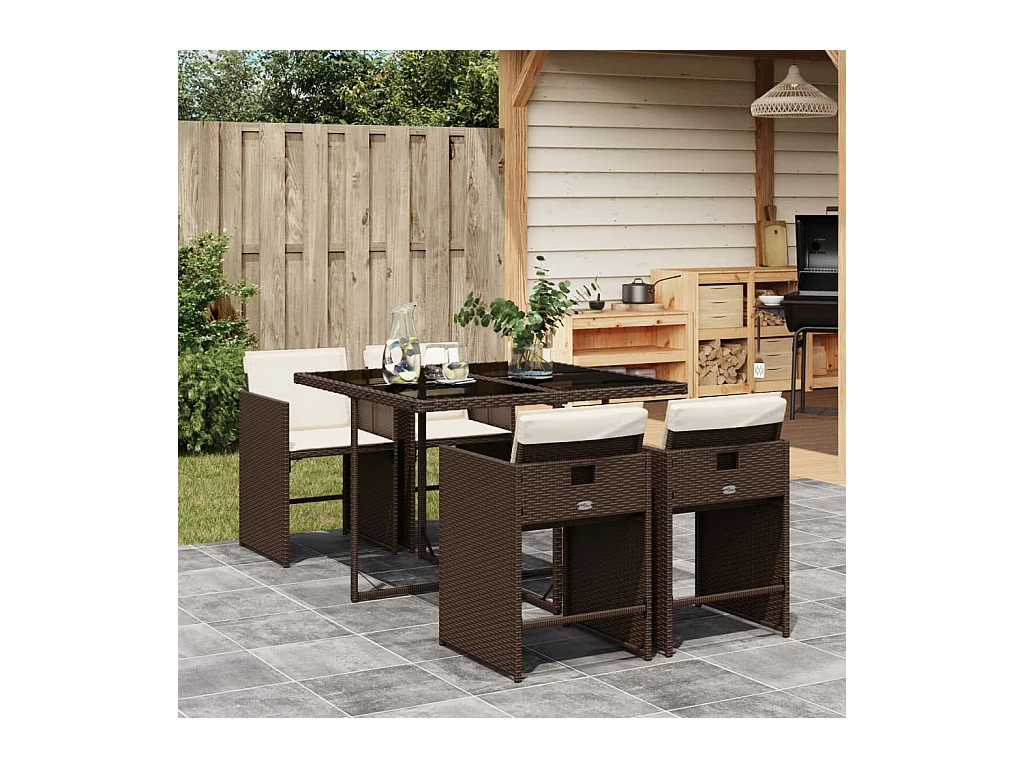 Set da Pranzo da Giardino 5pz con Cuscini in Polyrattan Marrone