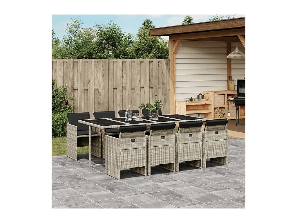 9-tlg. Garten-Essgruppe mit Kissen Hellgrau Poly Rattan