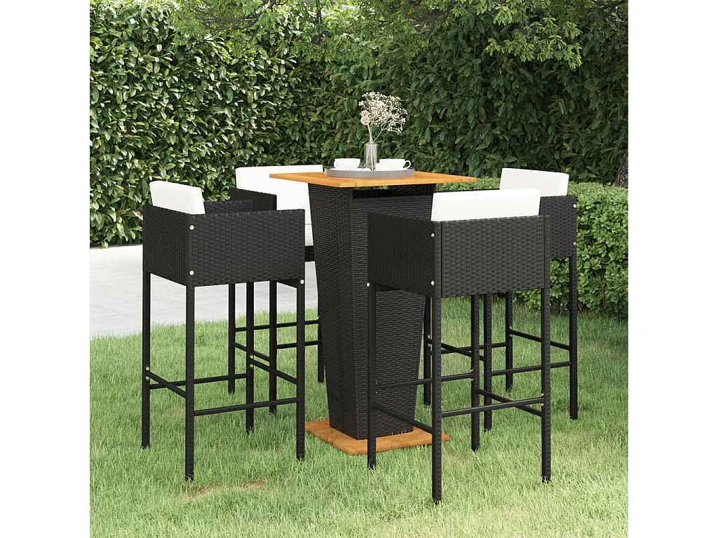 5 pcs conjunto de bar p/ jardim c/ almofadões vime PE preto