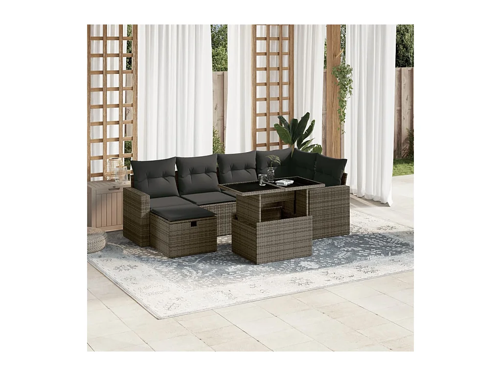 7-tlg. Garten-Sofagarnitur mit Kissen Grau Poly Rattan